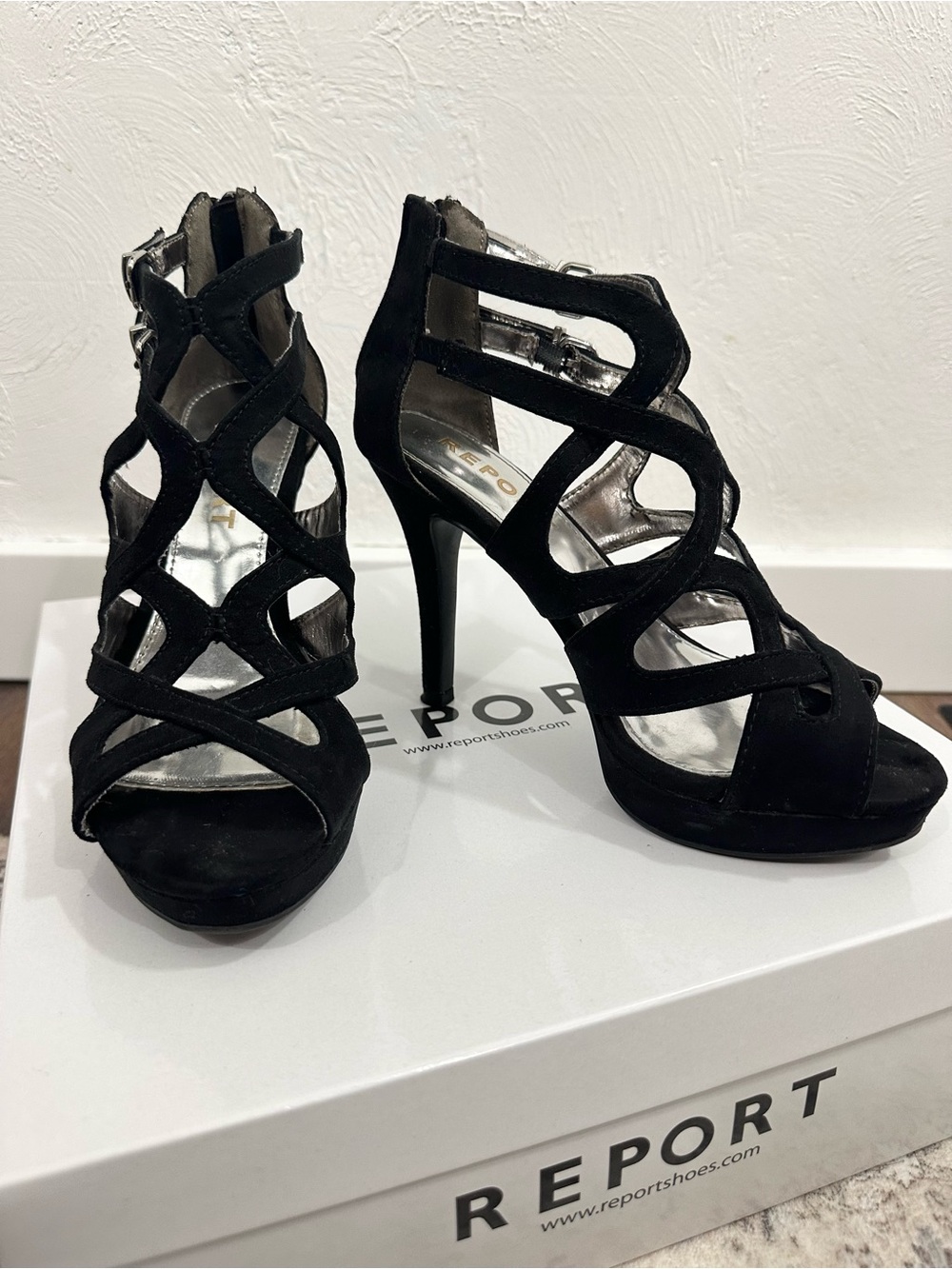 Report Black Strappy Suede High Heel Sandals